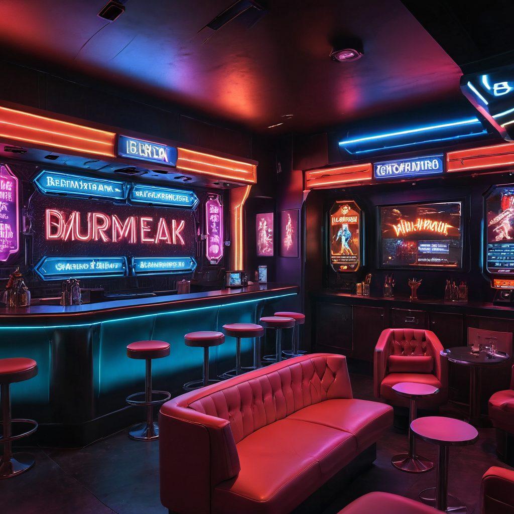 A dramatic split scene featuring a vintage adult entertainment setting on one side and a futuristic digital adult experience on the other. The left side shows a dimly lit retro bar with classic neon signs, while the right side depicts a virtual reality headset user in a sleek, high-tech environment with holographic displays. The contrast in color and style between the two halves emphasizes the evolution of adult entertainment through technology. vibrant colors. cyberpunk. super-realistic.
